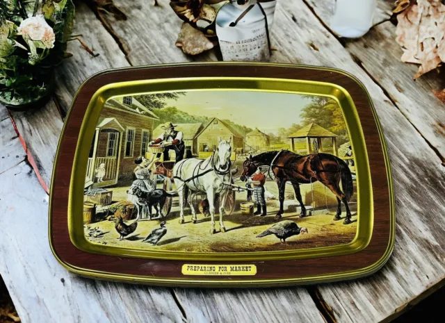 Currier & Ives Preparing for Market Vintage 1970's Metal Serving Tray Decor Ad