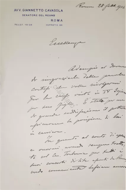 Lettera manoscritta con autografo - Politico Giannetto Cavasola - 1906