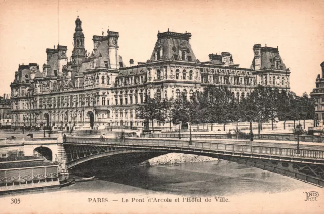 Vintage Postcard Le Pont D'Arcole Et L'Hotel De Ville Arch Bridge Paris France