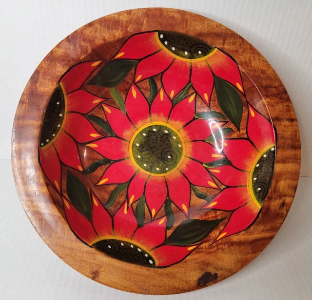 Large Vintage Hand Painted Wooden Bowl, Red Sunflowers, Lacquered EUC