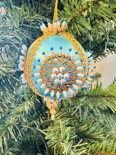 Stunning Vintage Push Pin Blue Gold Bead Pearl Ribbon Christmas Satin Ornament