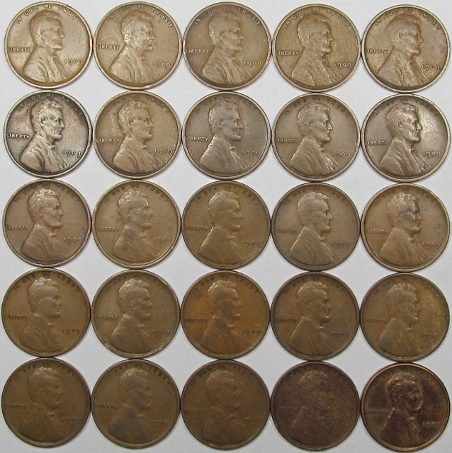 1909 VDB Lincoln Cents/Wheat Penny Lot of 25 Fine+ V.D.B. Pennies - Partial Roll