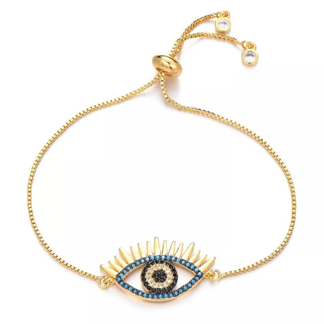 Large Evil Eye Yellow Gold & Blue Pave Cubic Zirconia Thin Fashion Bracelet