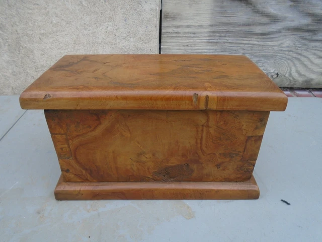 Antique Primitive Lidded Solid Exotic Burled Wood Hand Carved Box Chest 14X7X8"