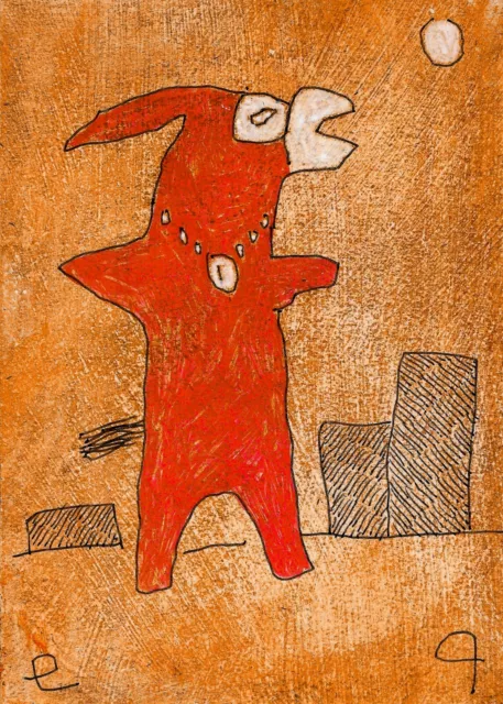 ACEO e9Art mule donkey stubborn cartoon humor painting naive folk art brut