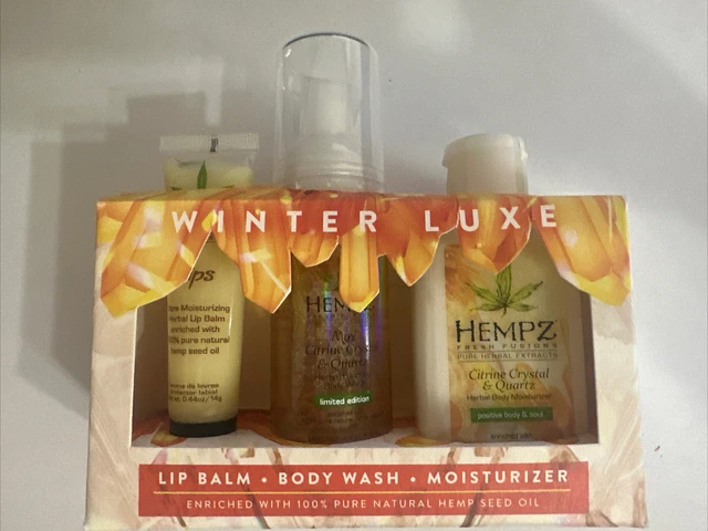 Hempz Winter Luxe 3pc Travel Kit Body Wash, Moisturizer, Lip Balm.