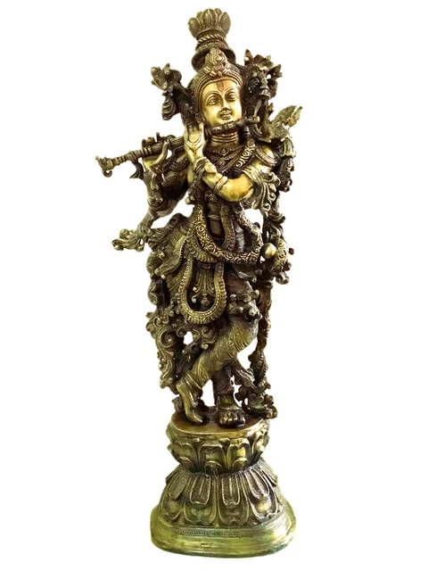 Rare Lord Krishna God Brass Statue - 30" Height - Northern Indian Design Vintage