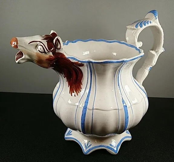 Antique English Jug Georgian Horse Head Spout Pitcher Blue Stripe 21cm tall