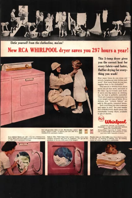 RCA Whirlpool dryer print ad 1957 art retro 1950s vintage home decor pink pretty