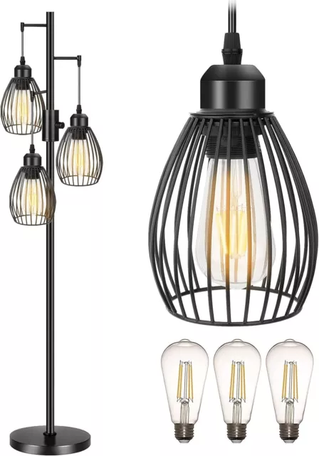 Floor Lamp, Industrial Floor Lamp, Dimmable 3 Lights Standing Lamp with Cage