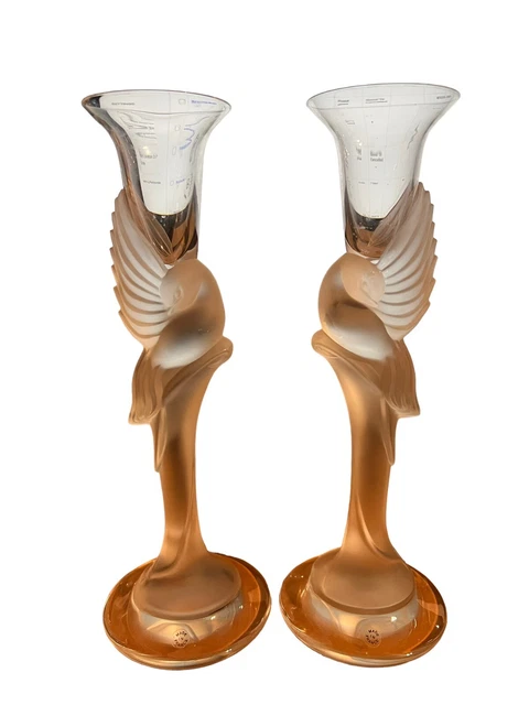 Igor Carl Faberge Pair of Signed Frosted French Crystal Dove Candlestick Holders Igor Carl Faberge Pair of Signed Frosted French Crystal Dove Candlestick Holders