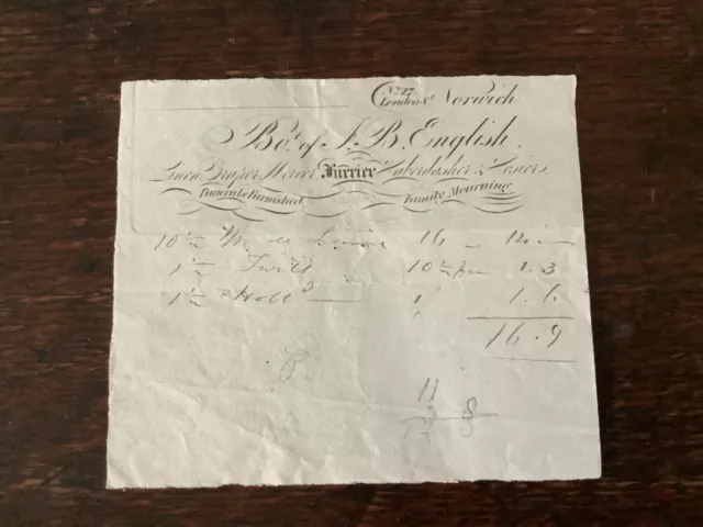 Letterhead/Invoice J B English, Linen Draper Mercer & Furrier London St. Norwich