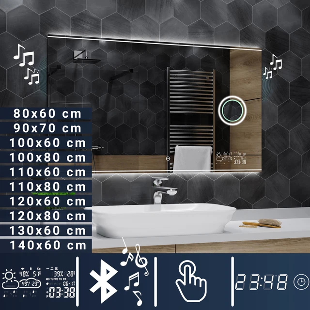 Miroir De Salle De Bain LED BOSTON Avec Bluetooth, Météo, Interrupteur - Moderne
