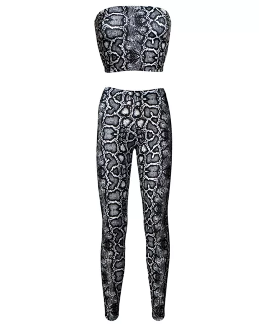 Monochrome Snake Skin Print Sleeveless Bandeau Crop Top Leggings Coord Set 2Pc