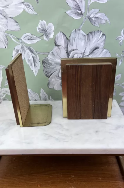 VTG Pair Park Sherman MCM Walnut Wood & Brass Bookends Mid Century Modern