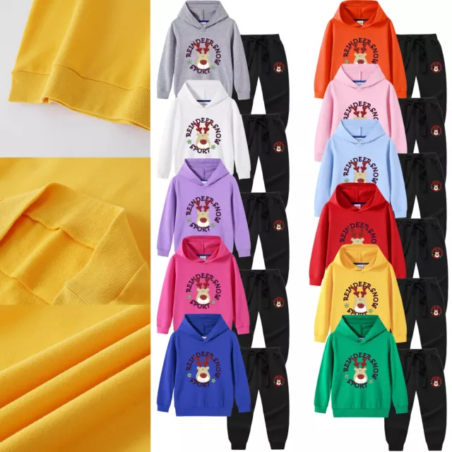 Kids Girls Boys Tracksuit Stretchy Outfit Hooded Set Long Sleeve Sweatshirt