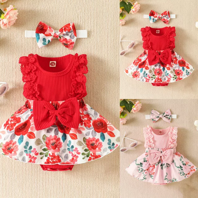 Newborn Baby Lace Floral Bow Bodysuit Romper Dress Headband Outfit Clothes Set