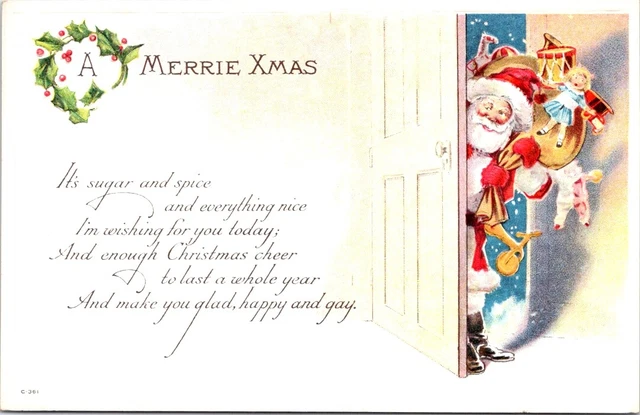 1921 Full Length SANTA Peeking Around the Door, CHRISTMAS Poem Postcard C-361