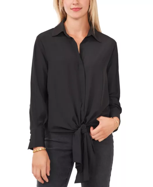 MSRP $89 Vince Camuto Petite Long Sleeve Knot Front Top Black Size PM