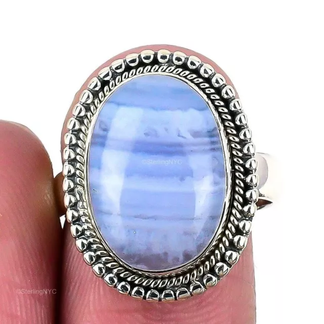 Natürlicher blauer Spitzenachat Edelstein Statement Ring Größe 8 925 Silber für Frauen