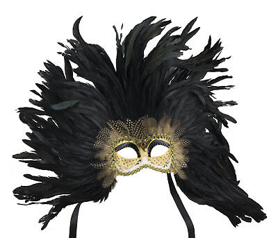 Mask from Venice Colombine Face Feathers Of Rooster Black Golden 2440