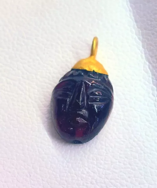 Fine Ancient Roman Garnet God Face Figure Miniature Solid 22k Gold Bead Pendant 2