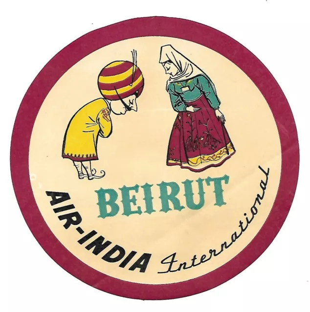 Authentic Vintage Luggage Label ~ AIR INDIA INTERNATIONAL ~ BEIRUT, LEBANON