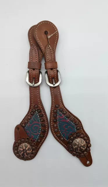 Showman Youth/ Ladies Tooled Leather Spur Straps w/ Copper Color Designs Boots
