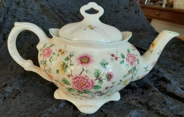 Vintage Old James Kent Staffordshire England Chinese Rose Footed Teapot EUC