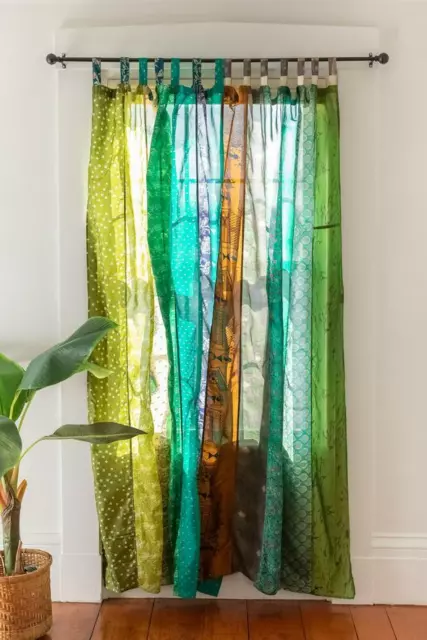 Sari Indiano Patchwork Tenda Drappo Finestra Decorazione Seta Sari Verde Tendine