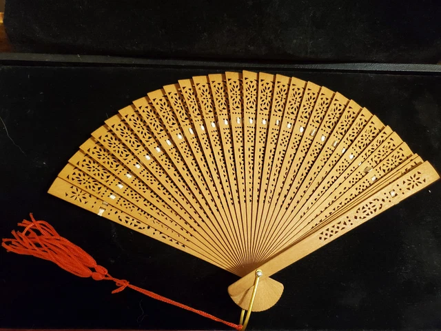 Vintage Chinese Carved Wooden Hand Held Fan with Tassle