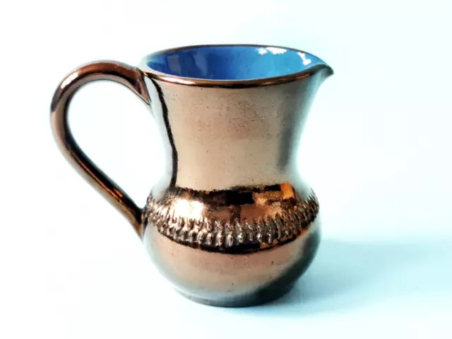 Vtg  Miniature Welsh Creigiau Copper Lustre & Blue Pottery Ceramic Pitcher Jug