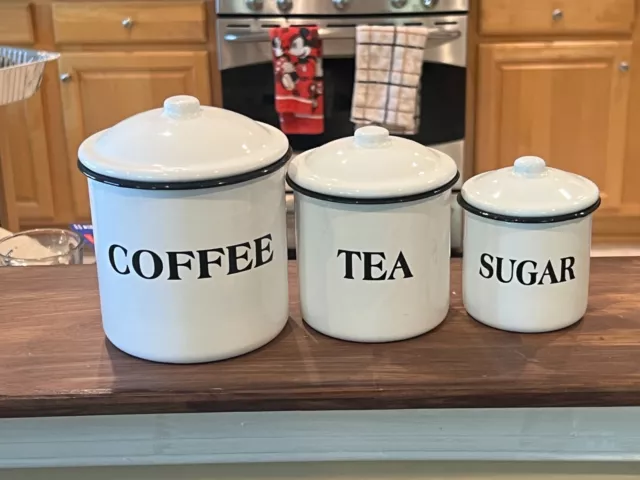 Three Piece Set of Vintage Enameled Containers- Coffee, Tea, Sugar- Rustic, Farm