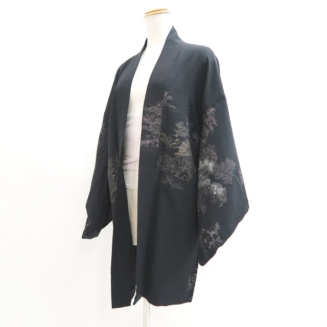 9371F5 Silk Vintage Japanese Kimono Haori Jacket Zen Temple Landscape