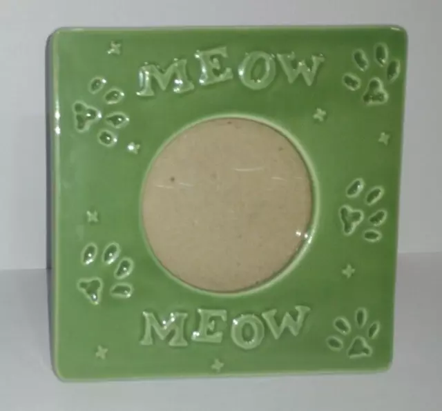 Russ Meow Cat Picture Frame Green Ceramic Paw Prints 3.5" Photo Pet Gift