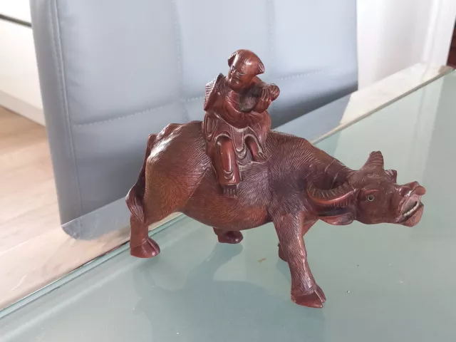 ANTIQUE CHINESE CARVING FLUTE PLAYER SAT ON WATER BUFFALO.Great Detail.Damage