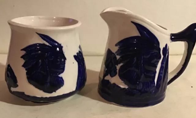 Creamer and Sugar Bowl Indian Chief Head Teepee Blue and White Pottery Set 2