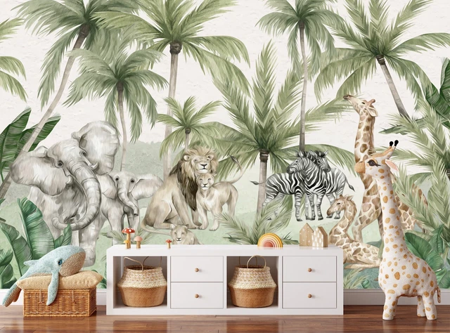 JUNGLE PHOTO WALL Mural Safari Animals Photo Wallpaper Kids Nursery ...