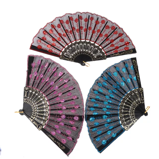 Silk Fan Folding Fan Wedding Art Gifts Peacock Sequin Dancing Fan Hand Held  SN❤