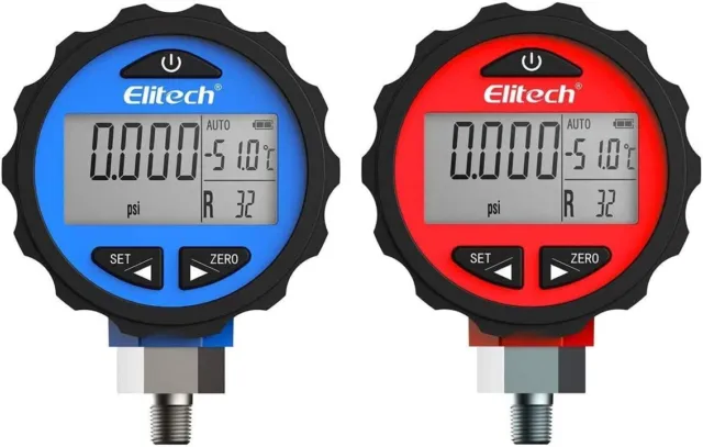 Juego de medidores de presión Elitech HVAC-14.5-500 PSI y -14.5-800 psi (pg-30Pro rojo + azul)