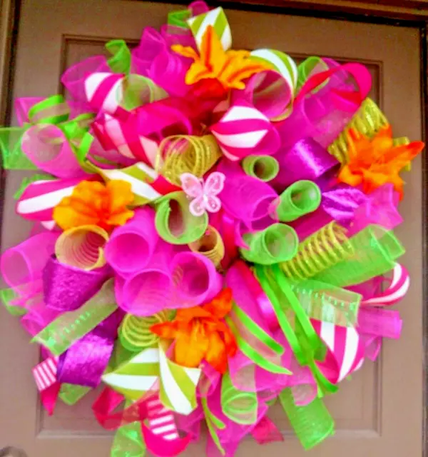 Spring Summer Deco Mesh Front Door Wreath XL Handmade Floral Butterfly Decor