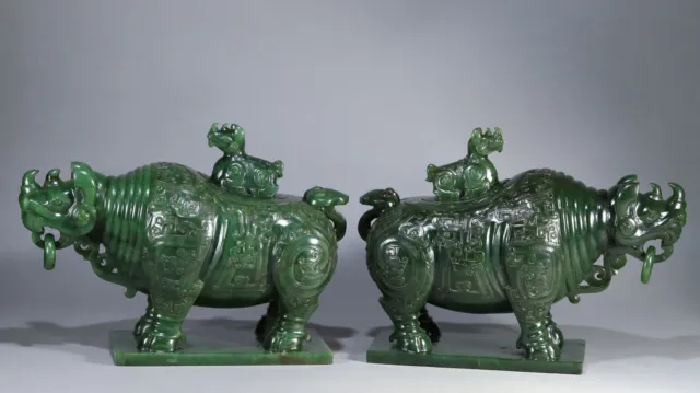 Chinese Exquisite Handmade Rhino carving Green Hetian Jade Statue A Pair 2