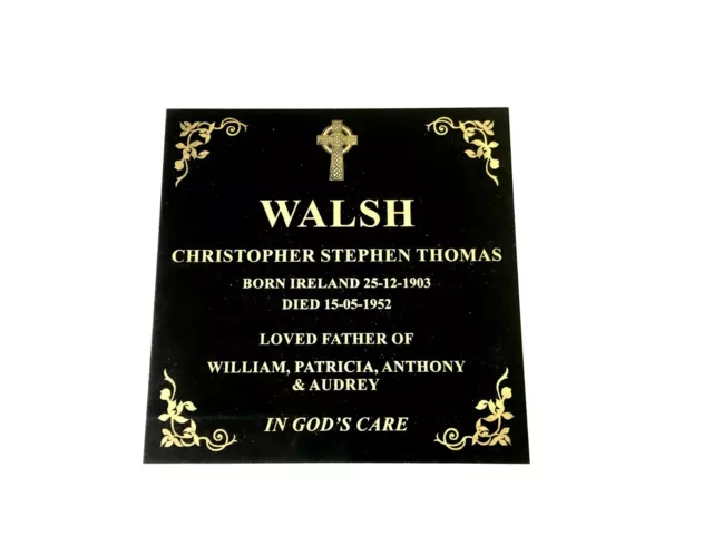 Memorial Grave Marker Customised Laser Engraved on Black Granite 300 x 300 mm