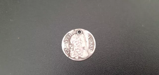 17th Century Charles II Silver three pence. Holed. Carolus II Dei Gratia