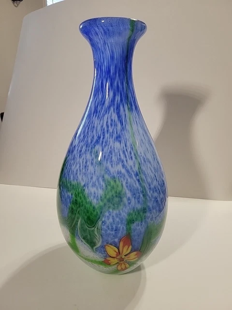 LARGE MURANO STYLE Italian Art Glass Vase Blue Yellow Orange