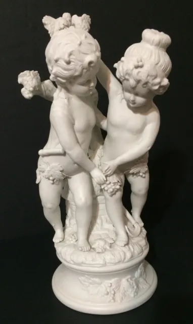Antique Parian Ware White Bisque Porcelain 13" Statue Two Children Grape Harvest