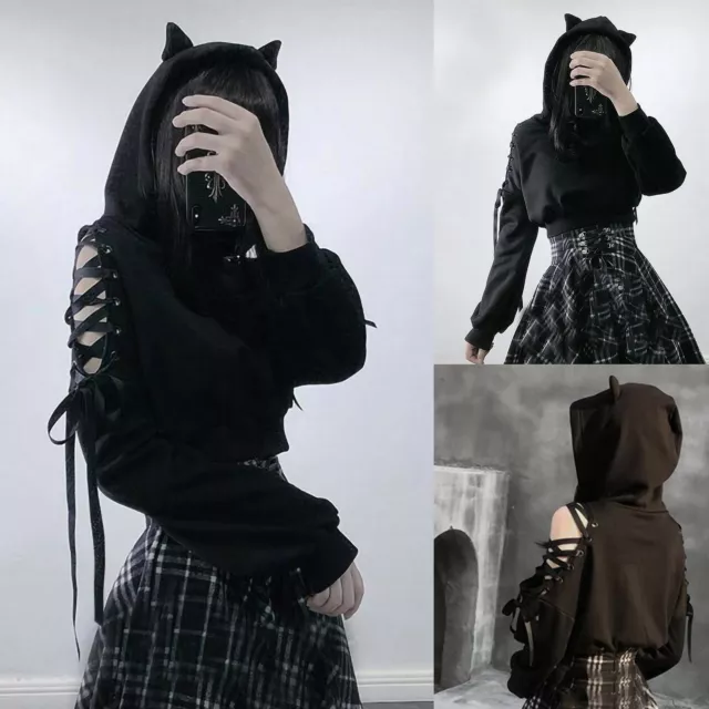 Cat Ear Lace Up Hoodie Off the Shoulder Cute Cut Out Gothic Punk Crop Sweater US