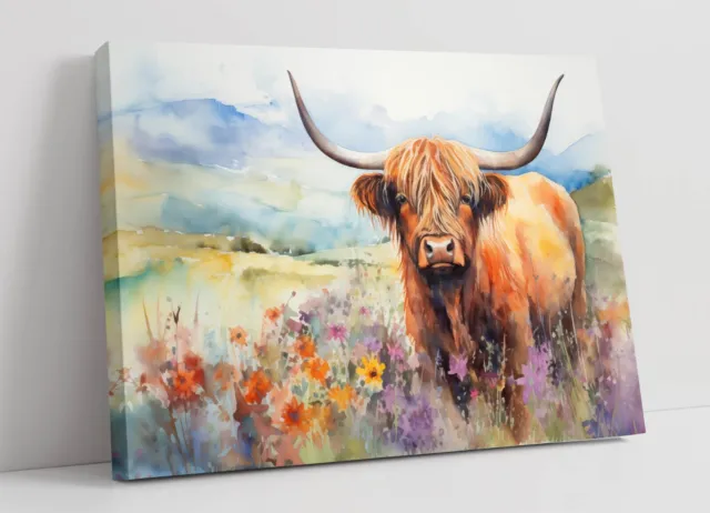 Watercolour Highland Cow & Wildflowers 2 -Deep Framed Canvas Wall Art Print