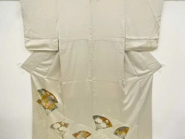 41816# Japanese Kimono / Antique Kimono / Embroidery / Flower & Folding Fan