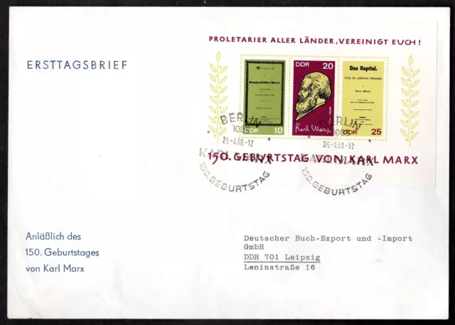 DDR, FDC Block "150. Geburtstag von Karl Marx"